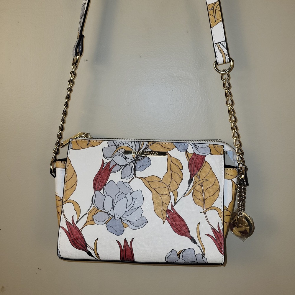 STEVE MADDEN Floral Crossbody Chain Handbag White Watercolor Print‎ New